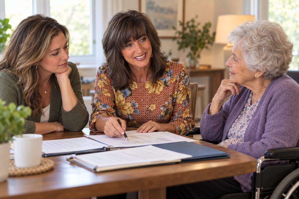 Lisa Brady reviewing a care plan at a kitchen table with an adult daughter and her elderly mother, who is seated in a wheelchair